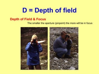 D = Depth of field
Depth of Field & Focus
The smaller the aperture (pinpoint) the more will be in focus
 