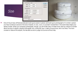 Size
 Oneof theprimary differencesbetween looking at ascenein person and looking at aphotograph of it isthat in person
you havenumerouscuesasto thesizeof objects. A cow, acar, or apumpkin somewherein thescenehelpsshapeyour
senseof scale. When you composeaphotograph, though, you eliminatemany of theseclues, leaving viewersto wonder
about thesizeof objects; subjectsthat appear only inchestall may in reality beenormous, and viceversa. Themore
unusual or obscurethesubject, thelessableweareto judgeitstruesizewithout help.
 