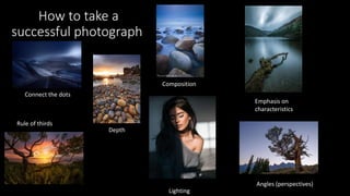 How to take a
successful photograph
Connect the dots
Composition
Depth
Rule of thirds
Lighting
Angles (perspectives)
Emphasis on
characteristics
 