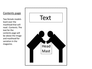 Contents page
Two female models
leant over the
                       Text
masthead that will
read : Contents. The
text for the
contents page will
be above the image
and masthead for
variation in the
magazine.
                       Head
                       Mast
 