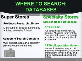 WHERE TO SEARCH:
DATABASES
Super Stores
ProQuest Research Library
Multi-subject, popular & scholarly
articles, extensive full-text
Academic Search Complete
Multi-subject, popular & scholarly
articles, extensive full-text
Specialty Stores
Subject-Based Databases
Art Full Text
Full-text articles from over 300
journals. Abstracts for over 600.
Fine, decorative and commercial
art, folk art, photography, film &
architecture.
ARTbibliographies Modern
Modern & contemporary art. All
mediums, from painting, sculpture &
photography to video, body art &
graffiti. Abstracts beginning late
1960s.
 