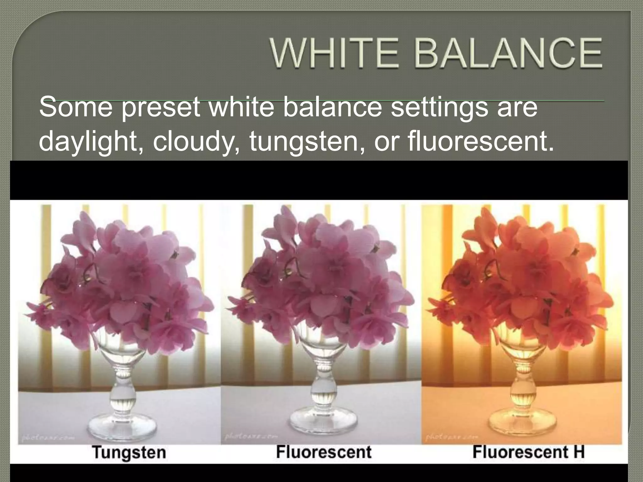 WHITE BALANCESome preset white balance settings are daylight, cloudy, tungsten, or fluorescent. 