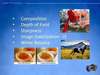 • Composition
• Depth of Field
• Sharpness
• Image Stabilization - IS
• White Balance
 