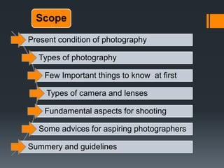 Scope
Present condition of photography
Types of photography
Few Important things to know at first
Types of camera and lenses
Fundamental aspects for shooting
Some advices for aspiring photographers
Summery and guidelines
 