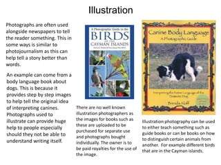 Illustration
Photographs are often used
alongside newspapers to tell
the reader something. This in
some ways is similar to
photojournalism as this can
help tell a story better than
words.
An example can come from a
body language book about
dogs. This is because it
provides step by step images
to help tell the original idea
of interpreting canines.
Photographs used to
illustrate can provide huge
help to people especially
should they not be able to
understand writing itself.

There are no well known
illustration photographers as
the images for books such as
these are uploaded to be
purchased for separate use
and photographs bought
individually. The owner is to
be paid royalties for the use of
the image.

Illustration photography can be used
to either teach something such as
guide books or can be books on how
to distinguish certain animals from
another. For example different birds
that are in the Cayman islands.

 