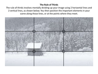 The Rule of Thirds
The rule of thirds involves mentally dividing up your image using 2 horizontal lines and
2 vertical lines, as shown below. You then position the important elements in your
scene along those lines, or at the points where they meet.
 