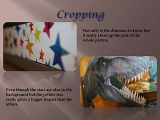 Not only is the dinosaur in focus but
                                        it really takes up the part of the
                                        whole picture.




Even though the stars are also in the
background but the yellow star
really gives a bigger impact than the
others.
 