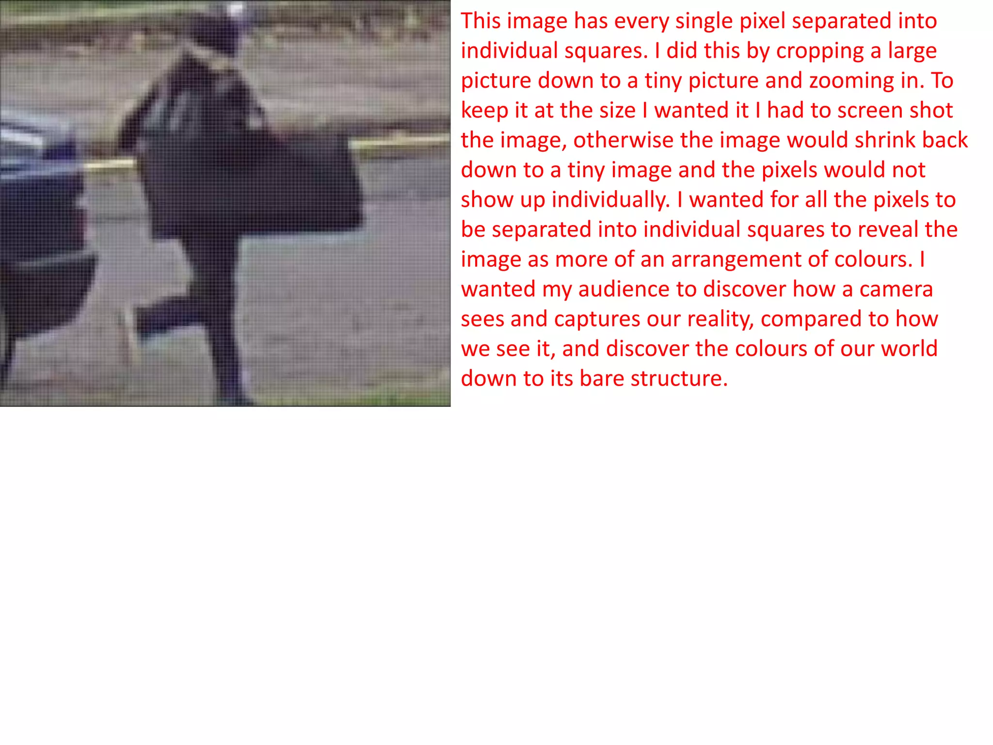 This image has every single pixel separated into
individual squares. I did this by cropping a large
picture down to a tiny picture and zooming in. To
keep it at the size I wanted it I had to screen shot
the image, otherwise the image would shrink back
down to a tiny image and the pixels would not
show up individually. I wanted for all the pixels to
be separated into individual squares to reveal the
image as more of an arrangement of colours. I
wanted my audience to discover how a camera
sees and captures our reality, compared to how
we see it, and discover the colours of our world
down to its bare structure.

 
