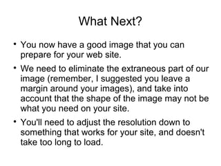 What Next? 
 You now have a good image that you can 
prepare for your web site. 
 We need to eliminate the extraneous part of our 
image (remember, I suggested you leave a 
margin around your images), and take into 
account that the shape of the image may not be 
what you need on your site. 
 You'll need to adjust the resolution down to 
something that works for your site, and doesn't 
take too long to load. 
 