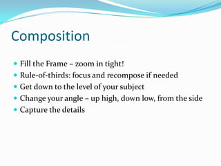 Composition
 Fill the Frame – zoom in tight!
 Rule-of-thirds: focus and recompose if needed
 Get down to the level of your subject
 Change your angle – up high, down low, from the side
 Capture the details
 