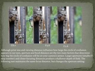 f/8.0f/5.6f/2.8Although print size and viewing distance influence how large the circle of confusion appears to our eyes, aperture and focal distance are the two main factors that determine how big the circle of confusion will be on your camera's sensor. Larger apertures (smaller F-stop number) and closer focusing distances produce a shallower depth of field. The following test maintains the same focus distance, but changes the aperture setting: