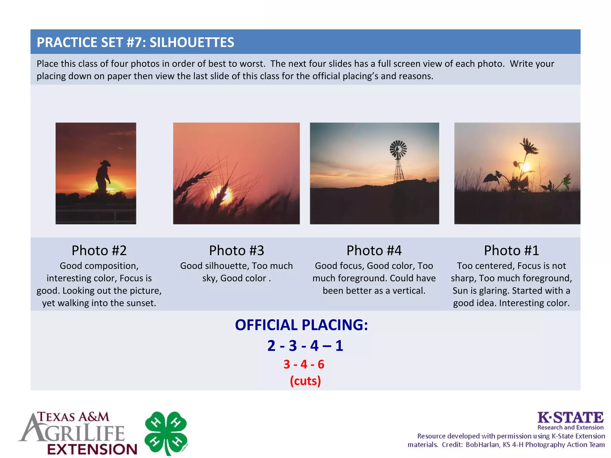 PRACTICE SET #7: SILHOUETTES
Place this class of four photos in order of best to worst. The next four slides has a full screen view of each photo. Write your
placing down on paper then view the last slide of this class for the official placing’s and reasons.
Photo #2
Good composition,
interesting color, Focus is
good. Looking out the picture,
yet walking into the sunset.
Photo #3
Good silhouette, Too much
sky, Good color .
Photo #4
Good focus, Good color, Too
much foreground. Could have
been better as a vertical.
Photo #1
Too centered, Focus is not
sharp, Too much foreground,
Sun is glaring. Started with a
good idea. Interesting color.
OFFICIAL PLACING:
2 - 3 - 4 – 1
3 - 4 - 6
(cuts)
 
