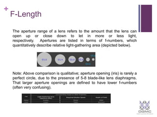 + 
F-Length 
The aperture range of a lens refers to the amount that the lens can 
open up or close down to let in more or less light, 
respectively. Apertures are listed in terms of f-numbers, which 
quantitatively describe relative light-gathering area (depicted below). 
Note: Above comparison is qualitative; aperture opening (iris) is rarely a 
perfect circle, due to the presence of 5-8 blade-like lens diaphragms. 
That larger aperture openings are defined to have lower f-numbers 
(often very confusing). 
 