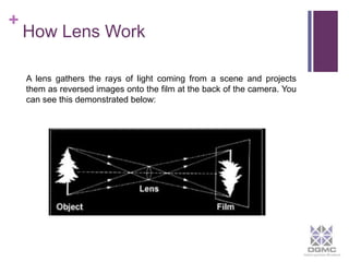 + 
How Lens Work 
A lens gathers the rays of light coming from a scene and projects 
them as reversed images onto the film at the back of the camera. You 
can see this demonstrated below: 
 