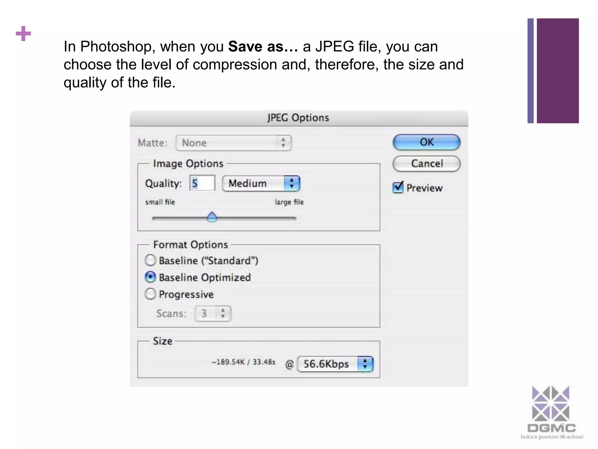 + In Photoshop, when you Save as… a JPEG file, you can 
choose the level of compression and, therefore, the size and 
quality of the file. 
 