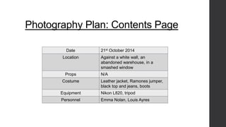 Photography Plan: Contents Page 
Date 21st October 2014 
Location Against a white wall, an 
abandoned warehouse, in a 
smashed window 
Props N/A 
Costume Leather jacket, Ramones jumper, 
black top and jeans, boots 
Equipment Nikon L820, tripod 
Personnel Emma Nolan, Louis Ayres 
 