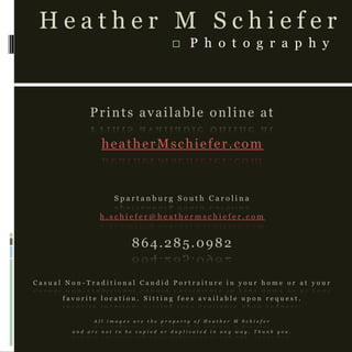 Prints available online atheatherMschiefer.comSpartanburg South Carolinah.schiefer@heathermschiefer.com864.285.0982Casual Non-Traditional Candid Portraiture in your home or at your favorite location. Sitting fees available upon request.All images are the property of Heather M Schieferand are not to be copied or duplicated in any way. Thank you.