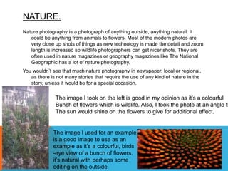 NATURE.
Nature photography is a photograph of anything outside, anything natural. It
could be anything from animals to flowers. Most of the modern photos are
very close up shots of things as new technology is made the detail and zoom
length is increased so wildlife photographers can get nicer shots. They are
often used in nature magazines or geography magazines like The National
Geographic has a lot of nature photography.
You wouldn’t see that much nature photography in newspaper, local or regional,
as there is not many stories that require the use of any kind of nature in the
story, unless it would be for a special occasion.
The image I took on the left is good in my opinion as it’s a colourful
Bunch of flowers which is wildlife. Also, I took the photo at an angle th
The sun would shine on the flowers to give for additional effect.
The image I used for an example
is a good image to use as an
example as it’s a colourful, birds
-eye view of a bunch of flowers.
it’s natural with perhaps some
editing on the outside.
 