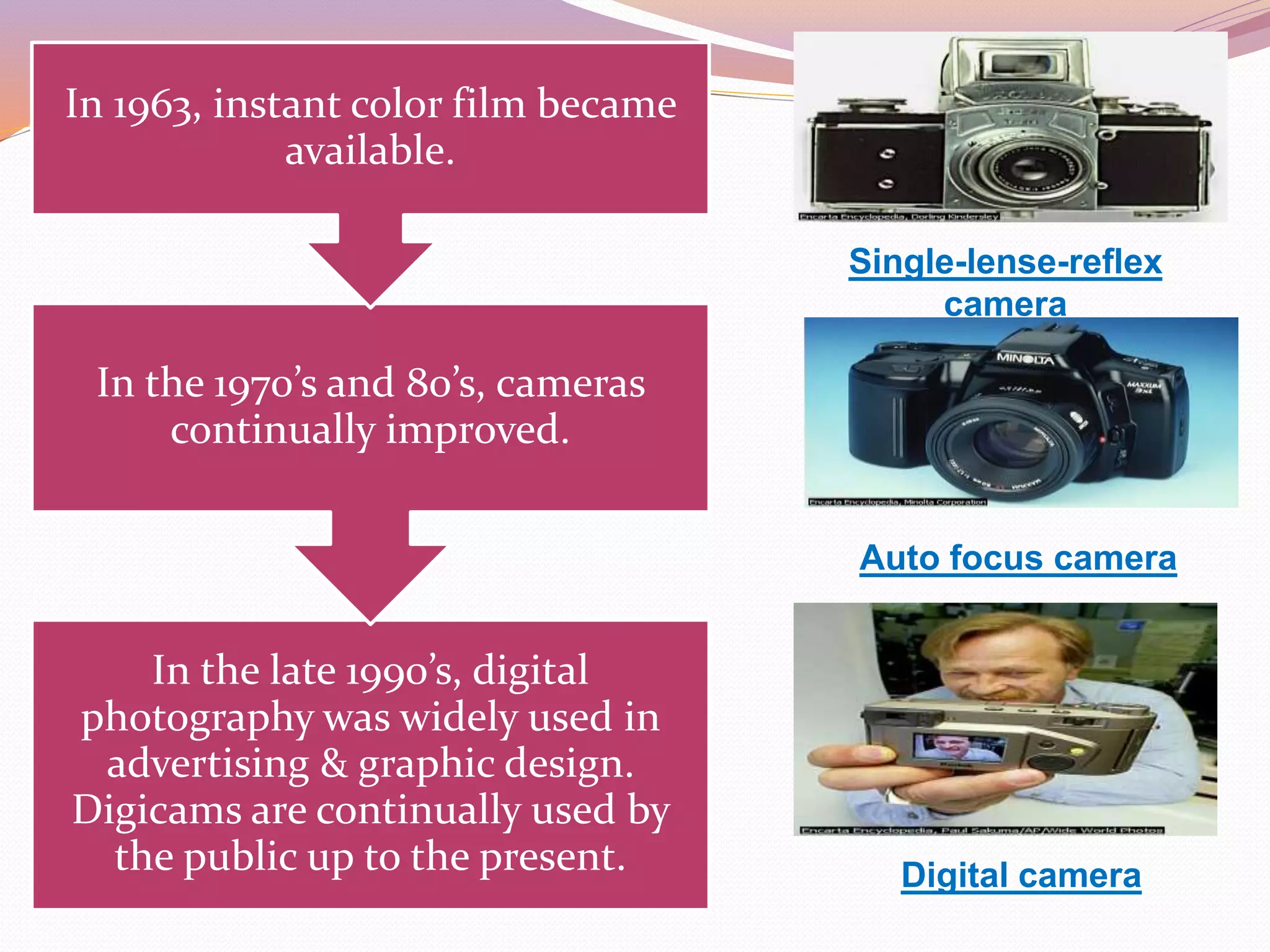 Single-lense-reflex
camera
Auto focus camera
In the late 1990’s, digital
photography was widely used in
advertising & graphic design.
Digicams are continually used by
the public up to the present.
In the 1970’s and 80’s, cameras
continually improved.
In 1963, instant color film became
available.
Digital camera
 