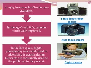 Single-lense-reflex
camera
Auto focus camera
In the late 1990’s, digital
photography was widely used in
advertising & graphic design.
Digicams are continually used by
the public up to the present.
In the 1970’s and 80’s, cameras
continually improved.
In 1963, instant color film became
available.
Digital camera
 