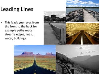 Leading Lines
• This leads your eyes from
the front to the back for
example paths roads
streams edges, lines ,
water, buildings.
 