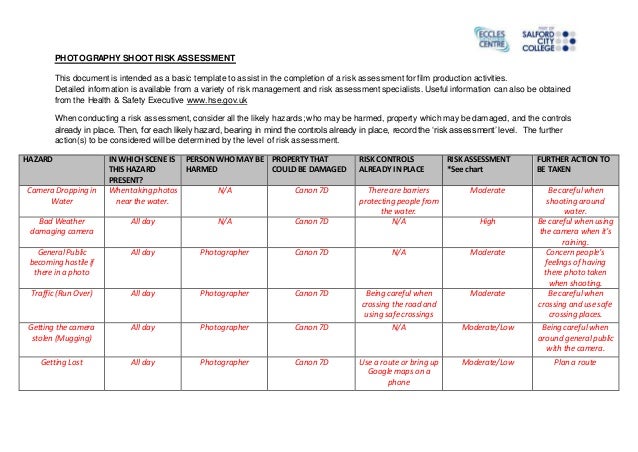 Photography shoot risk assessment form