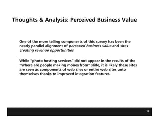 Thoughts & Analysis: Perceived Business Value


  One of the more telling components of this survey has been the
  nearly parallel alignment of perceived business value and sites
  creating revenue opportunities.

  While “photo hosting services” did not appear in the results of the
  “Where are people making money from” slide, it is likely these sites
  are seen as components of web sites or entire web sites unto
  themselves thanks to improved integration features.




                                                                         16
 