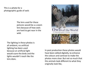 This is a photo for a
photographic guide of owls
The lens used for these
pictures would be a a zoom
lens because of how owls
are hard to get near in the
wild.
The lighting in these photos is
all ambient, no artificial
lighting has been used
because an artificial light
would scare the birds and the
lights wouldn’t reach like the
lens does.
In post production these photos would
have been edited digitally, to enhance
the colours and contrast to make the
photos more clear. But not so much that
the animals look different to what they
originally look like,
 