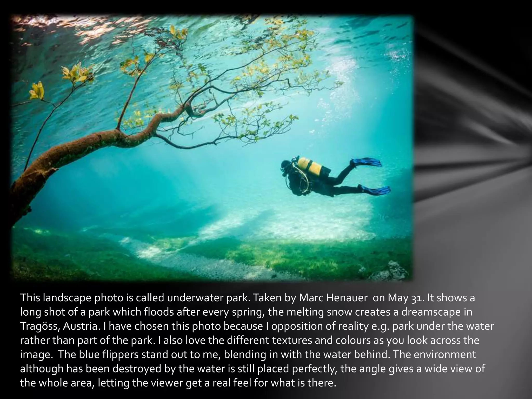 This landscape photo is called underwater park. Taken by Marc Henauer on May 31. It shows a 
long shot of a park which floods after every spring, the melting snow creates a dreamscape in 
Tragöss, Austria. I have chosen this photo because I opposition of reality e.g. park under the water 
rather than part of the park. I also love the different textures and colours as you look across the 
image. The blue flippers stand out to me, blending in with the water behind. The environment 
although has been destroyed by the water is still placed perfectly, the angle gives a wide view of 
the whole area, letting the viewer get a real feel for what is there. 
 