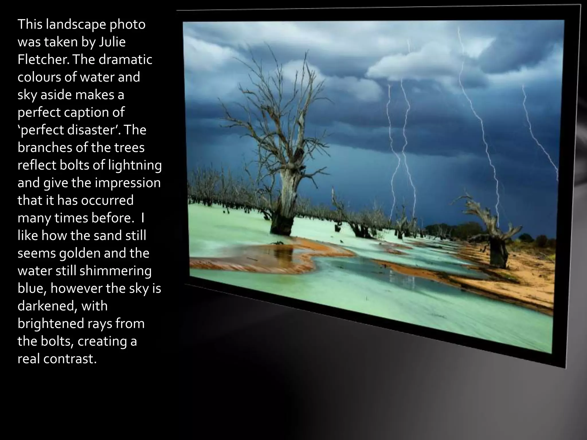 This landscape photo 
was taken by Julie 
Fletcher. The dramatic 
colours of water and 
sky aside makes a 
perfect caption of 
‘perfect disaster’. The 
branches of the trees 
reflect bolts of lightning 
and give the impression 
that it has occurred 
many times before. I 
like how the sand still 
seems golden and the 
water still shimmering 
blue, however the sky is 
darkened, with 
brightened rays from 
the bolts, creating a 
real contrast. 
 