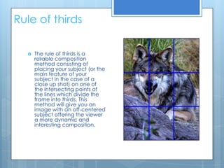 Rule of thirds

     The rule of thirds is a
      reliable composition
      method consisting of
      placing your subject (or the
      main feature of your
      subject in the case of a
      close up shot) on one of
      the intersecting points of
      the lines which divide the
      frame into thirds. This
      method will give you an
      image with an off-centered
      subject offering the viewer
      a more dynamic and
      interesting composition.
 