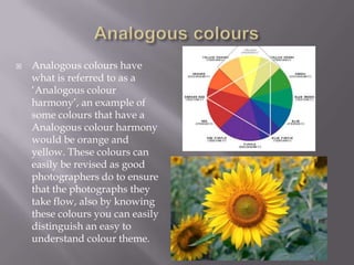    Analogous colours have
    what is referred to as a
    ‘Analogous colour
    harmony’, an example of
    some colours that have a
    Analogous colour harmony
    would be orange and
    yellow. These colours can
    easily be revised as good
    photographers do to ensure
    that the photographs they
    take flow, also by knowing
    these colours you can easily
    distinguish an easy to
    understand colour theme.
 