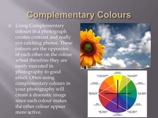    Using Complementary
    colours in a photograph
    creates contrast and really
    eye catching photos. These
    colours are the opposites
    of each other on the colour
    wheel therefore they are
    easily executed in
    photography to good
    effect. Often using
    complimentary colours in
    your photography will
    create a dramatic image
    since each colour makes
    the other colour appear
    more active.
 