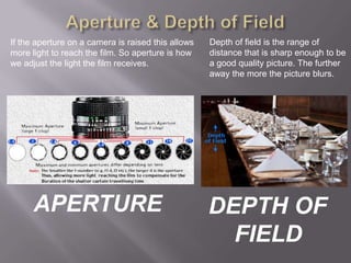 If the aperture on a camera is raised this allows   Depth of field is the range of
more light to reach the film. So aperture is how    distance that is sharp enough to be
we adjust the light the film receives.              a good quality picture. The further
                                                    away the more the picture blurs.




      APERTURE                                      DEPTH OF
                                                      FIELD
 