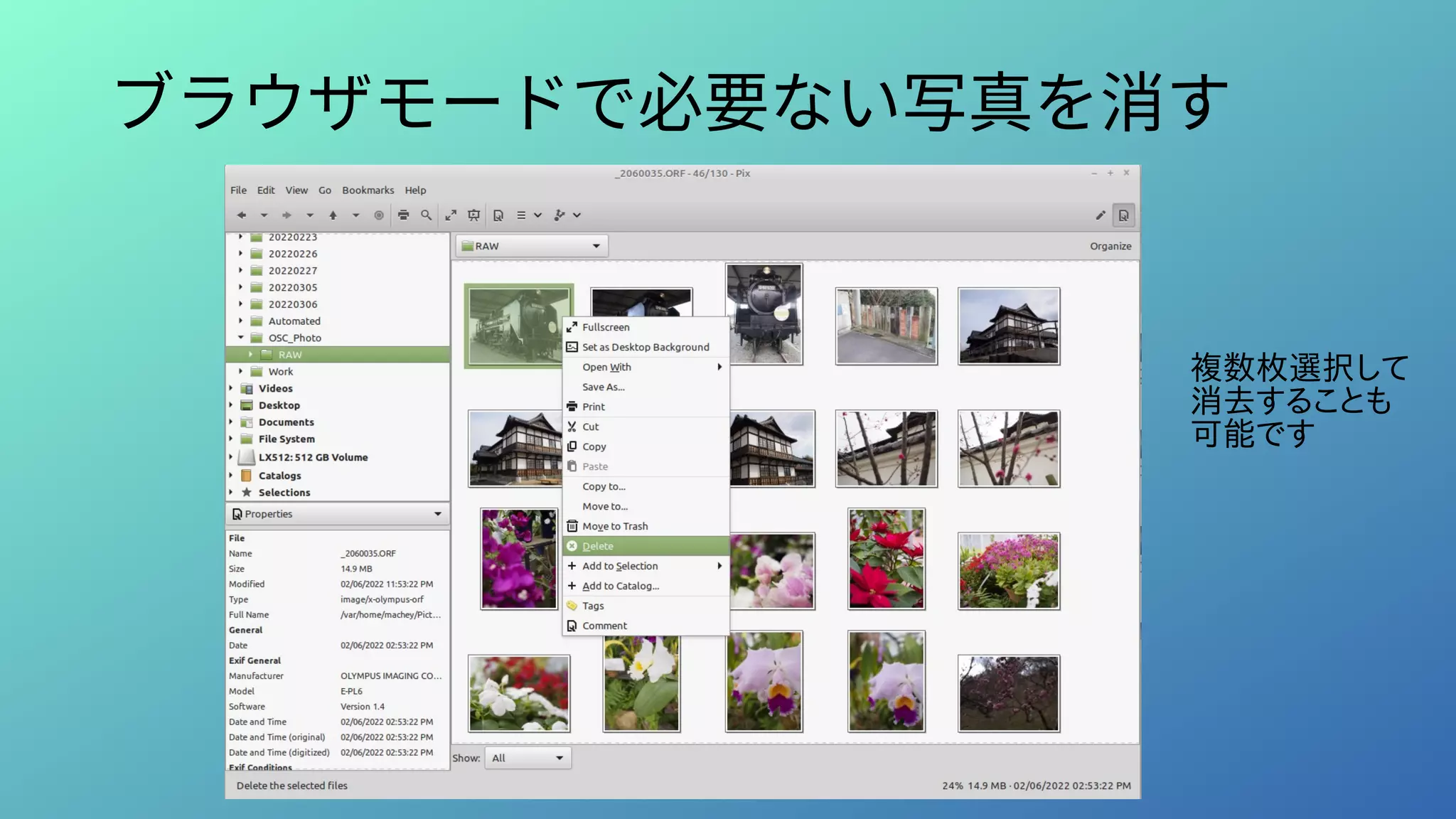 ブラウザモードで必要ない写真を消す
複数枚選択して
消去することも
可能です
 