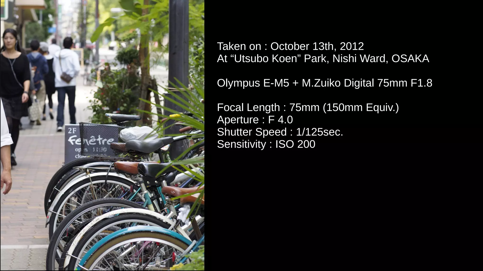 Taken on : October 13th, 2012
At “Utsubo Koen” Park, Nishi Ward, OSAKA
Olympus E-M5 + M.Zuiko Digital 75mm F1.8
Focal Length : 75mm (150mm Equiv.)
Aperture : F 4.0
Shutter Speed : 1/125sec.
Sensitivity : ISO 200
 