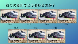 絞りの変化でどう変わるのか？
F1.8 F2.8 F4.0 F5.6
F11 F16
F8.0
 