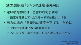 OSC 2022 Online / Spring
March 12th, 2022
別の選択肢「シャッタ速度優先AE」
●
速い被写体には...と言われてますが
– 設定を理解してればAモードでも追いつける
●
当方の場合「意識的に速度を下げる」ために
– プロペラ機は1/250sが基本です
– ヘリコプターなどでは、もっと遅くすることも
 