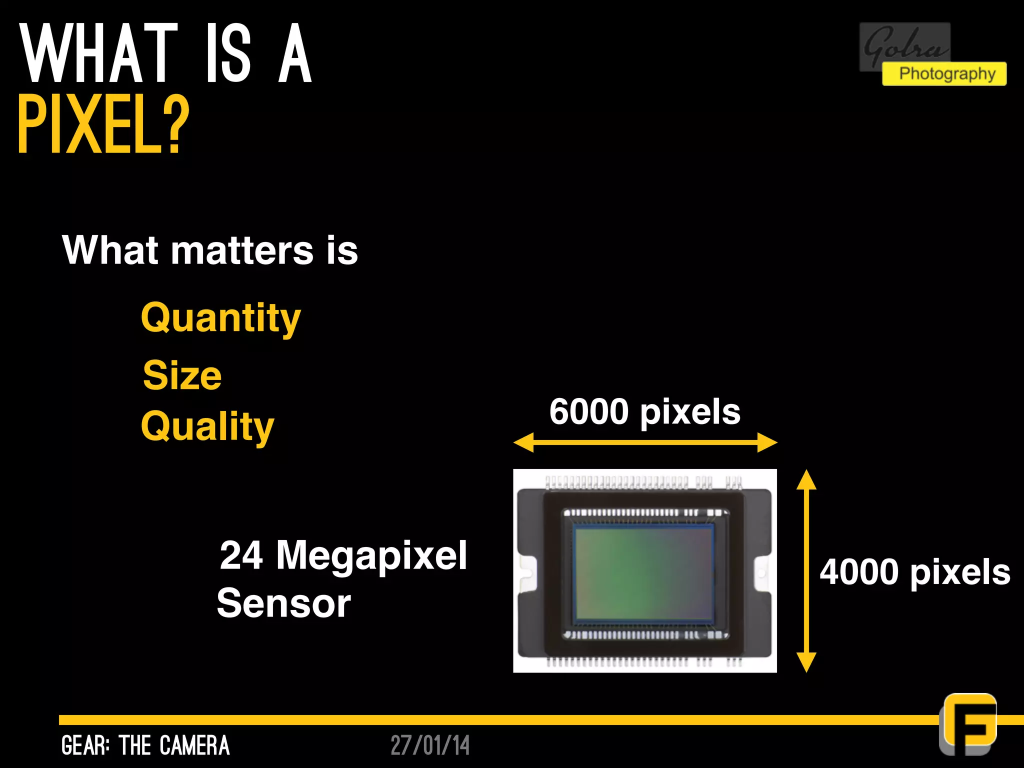 27/01/14
what is a
gear: the camera
pixel?
6000 pixels
4000 pixels24 Megapixel
Sensor
What matters is
Quantity
Size
Quality
 