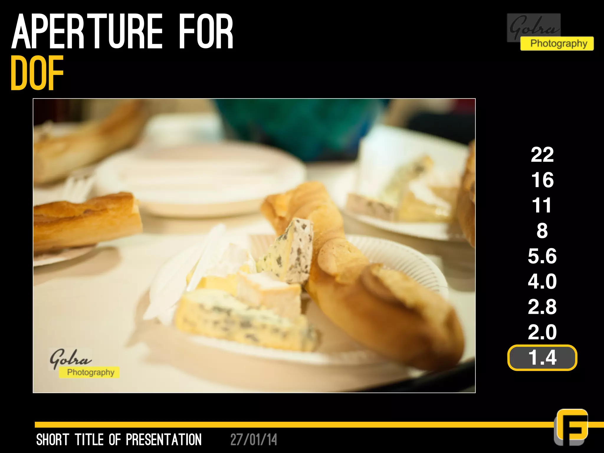 27/01/14
aperture for
Short Title of presentation
DOF
22
16
11
8
5.6
4.0
2.8
2.0
1.4
 