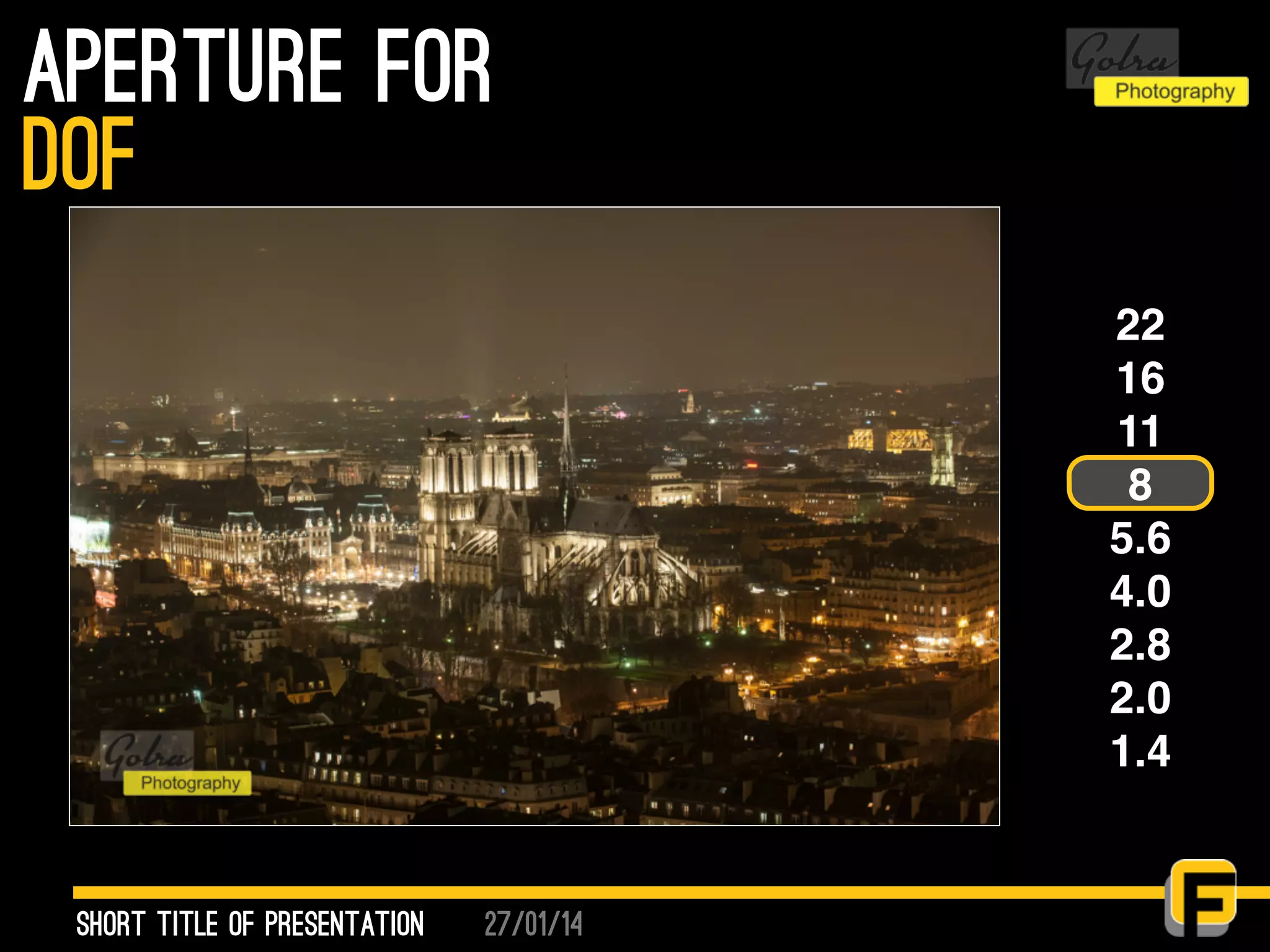 27/01/14
aperture for
Short Title of presentation
DOF
22
16
11
8
5.6
4.0
2.8
2.0
1.4
 