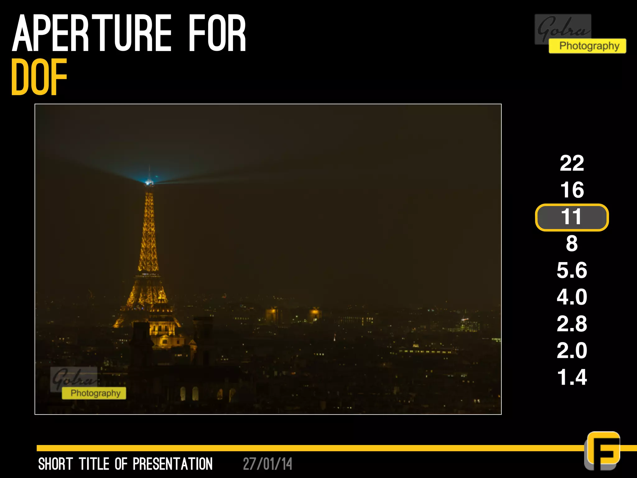 27/01/14
aperture for
Short Title of presentation
DOF
22
16
11
8
5.6
4.0
2.8
2.0
1.4
 