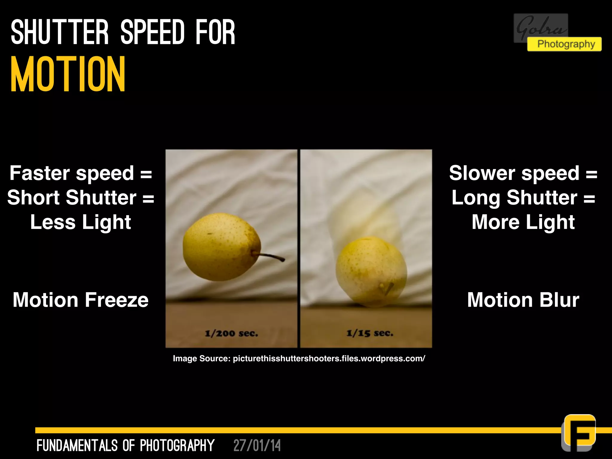 27/01/14
shutter speed for
fundamentals of photography
Motion
Faster speed =
Short Shutter =
Less Light
Slower speed =
Long Shutter =
More Light
Motion Freeze Motion Blur
Image Source: picturethisshuttershooters.ﬁles.wordpress.com/
 