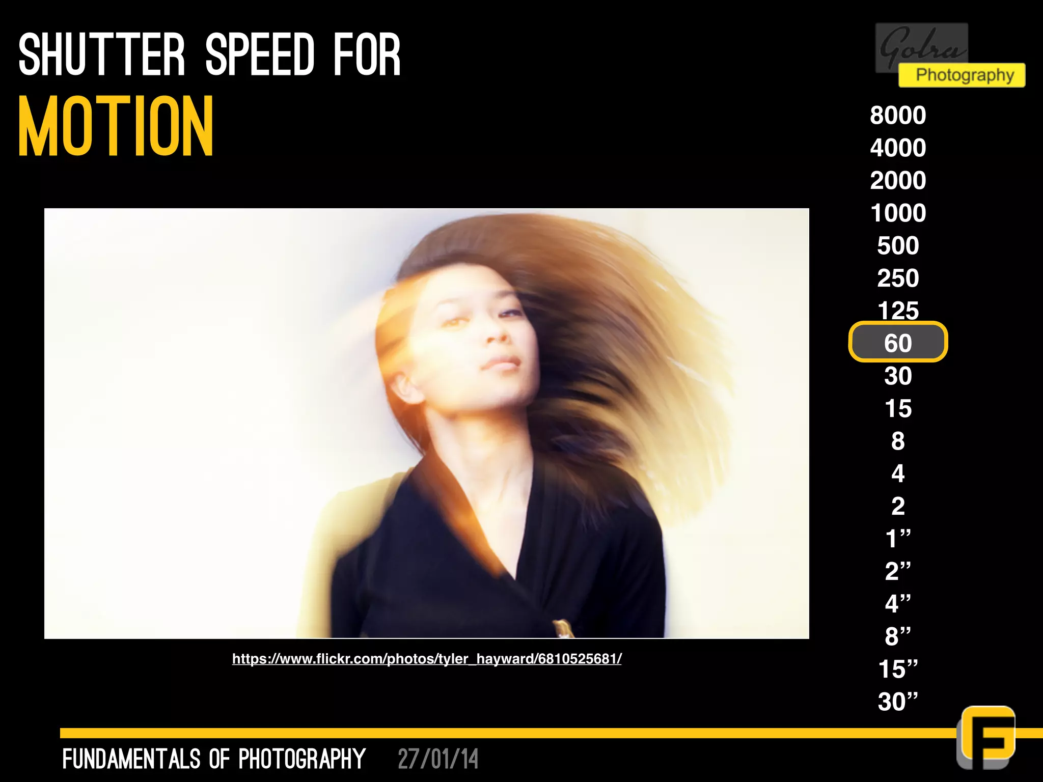 27/01/14
shutter speed for
fundamentals of photography
motion 8000
4000
2000
1000
500
250
125
60
30
15
8
4
2
1”
2”
4”
8”
15”
30”
https://www.ﬂickr.com/photos/tyler_hayward/6810525681/
 