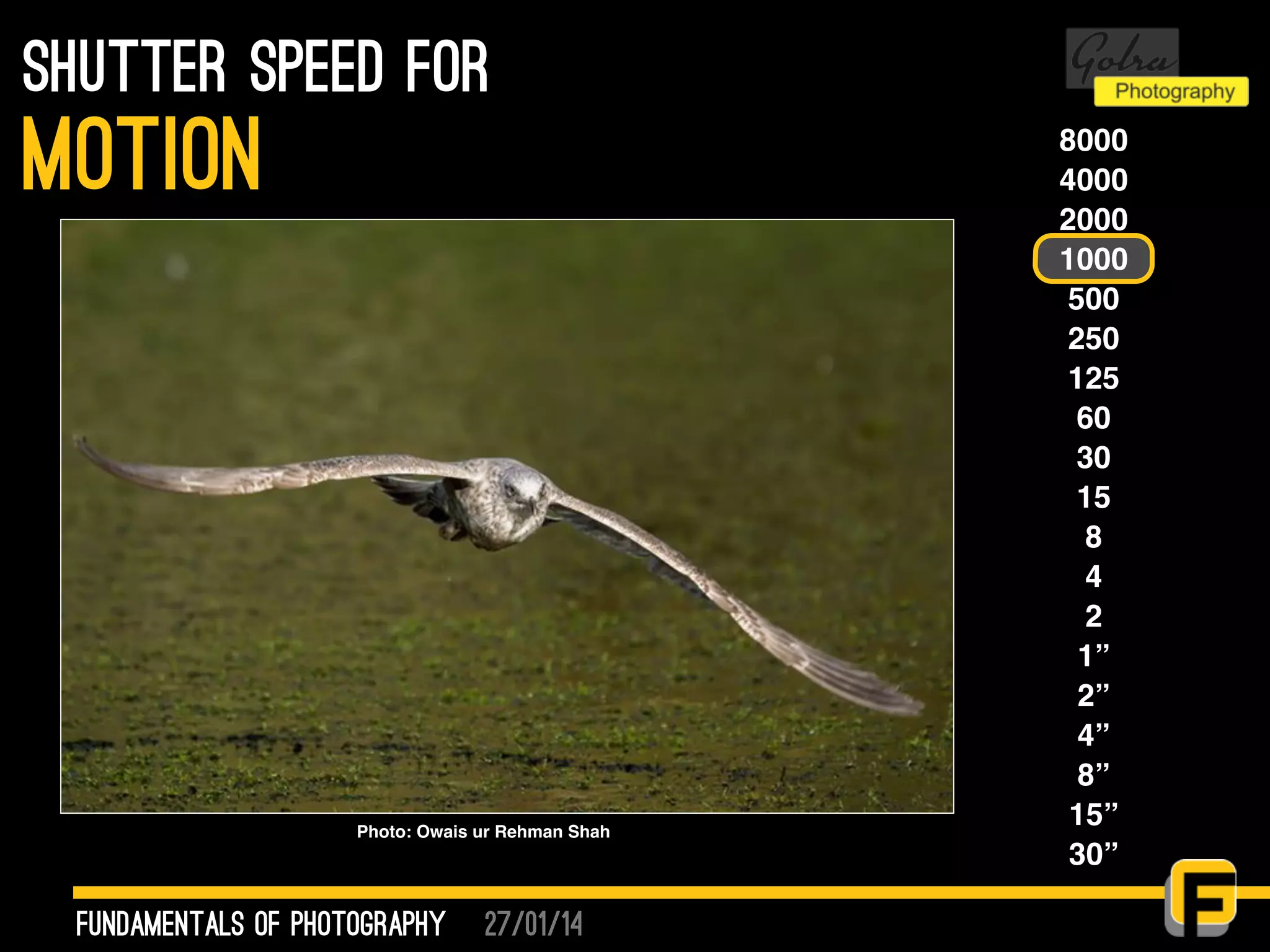 27/01/14
shutter speed for
fundamentals of photography
motion 8000
4000
2000
1000
500
250
125
60
30
15
8
4
2
1”
2”
4”
8”
15”
30”
Photo: Owais ur Rehman Shah
 