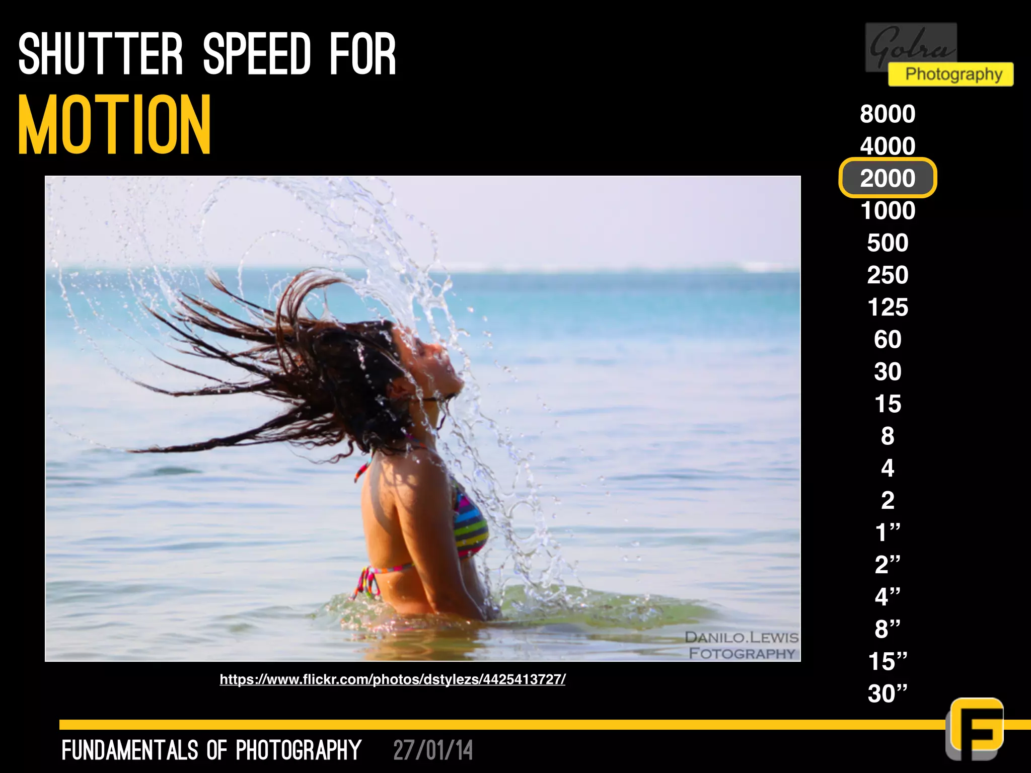 27/01/14
shutter speed for
fundamentals of photography
motion 8000
4000
2000
1000
500
250
125
60
30
15
8
4
2
1”
2”
4”
8”
15”
30”
https://www.ﬂickr.com/photos/dstylezs/4425413727/
 