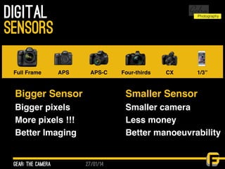 27/01/14
Digital
gear: the camera
sensors
Full Frame APS APS-C Four-thirds CX 1/3”
Bigger Sensor
Bigger pixels
More pixels !!!
Better Imaging
Smaller Sensor
Smaller camera
Less money
Better manoeuvrability
 