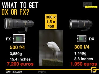 27/01/14
What to get
gear: the camera
dx or fx?
500 f/4
3,880g
15.4 inches
300 f/4
1,440g
8.8 inches
7,200 euros 1,050 euros
300 x
1.5 =
450
FX DX
 