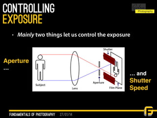27/01/14
controlling
• Mainly two things let us control the exposure
fundamentals of photography
exposure
Aperture
…
… and
Shutter
Speed
 