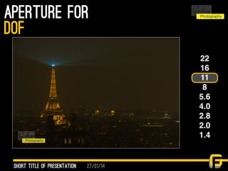 27/01/14
aperture for
Short Title of presentation
DOF
22
16
11
8
5.6
4.0
2.8
2.0
1.4
 